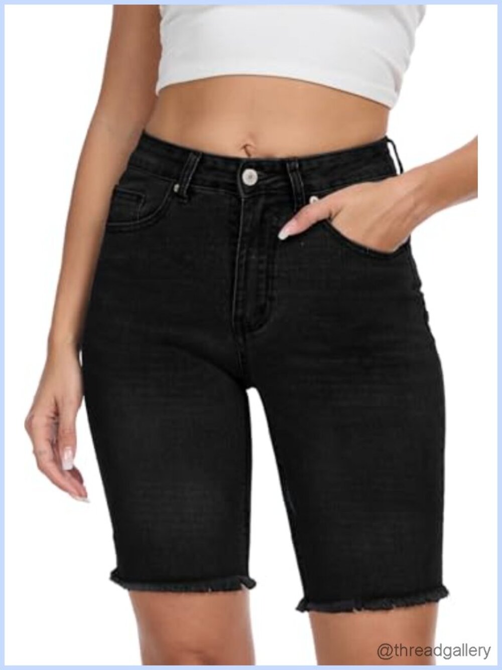 Women's Ripped Mid-Rise Denim Bermuda Shorts Stretchy 10 Inch Jean Shorts